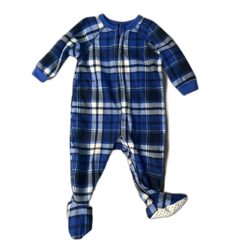 PJ Place Blue Plaid Fleece Footed Sleeper PJs Size 6-9 Months